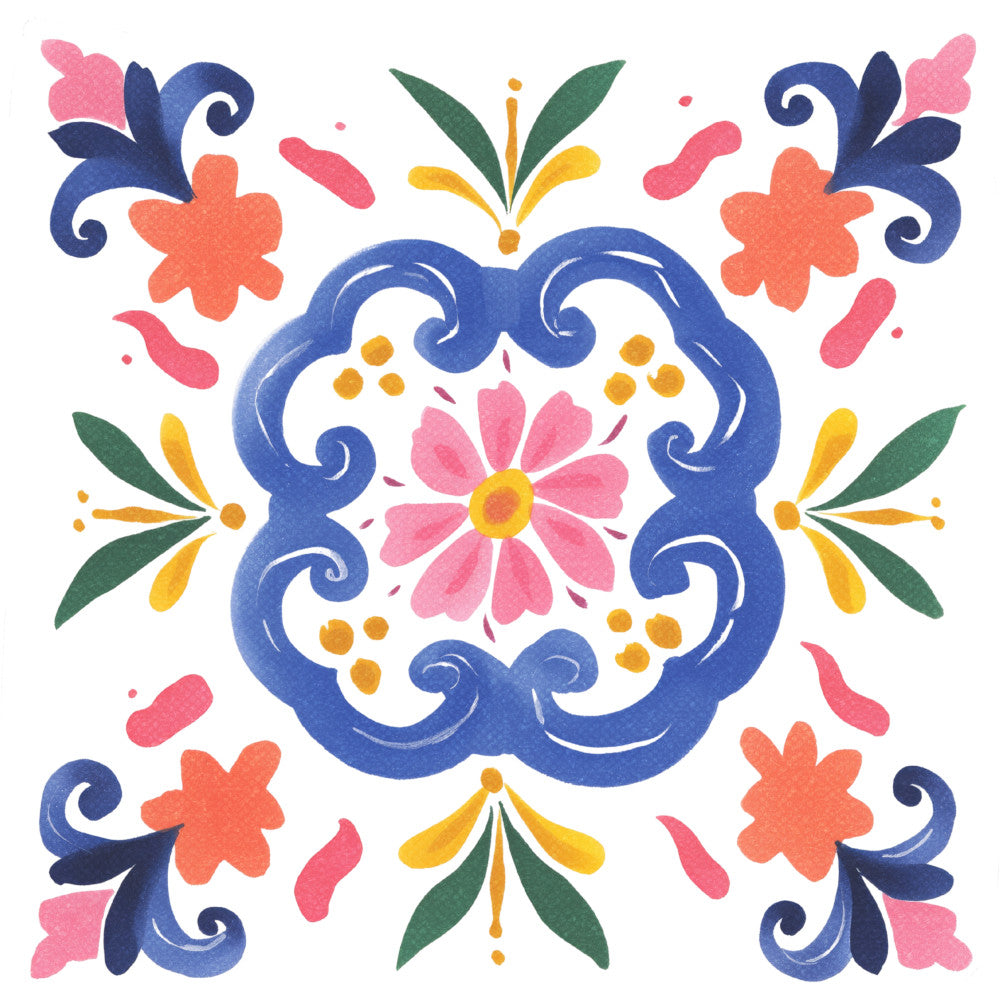 navy blue, coral pink, golden yellow, forest green, floral, symmetrical, medallion, daisy, botanical, folk art, whimsical, bohemian, traditional, decorative, ornamental, scrollwork, spring, summer, nature-inspired, vibrant, colorful, ethnic, tile-inspired, mosaic-like, damask, vintage, retro, bright, cheerful, boho chic