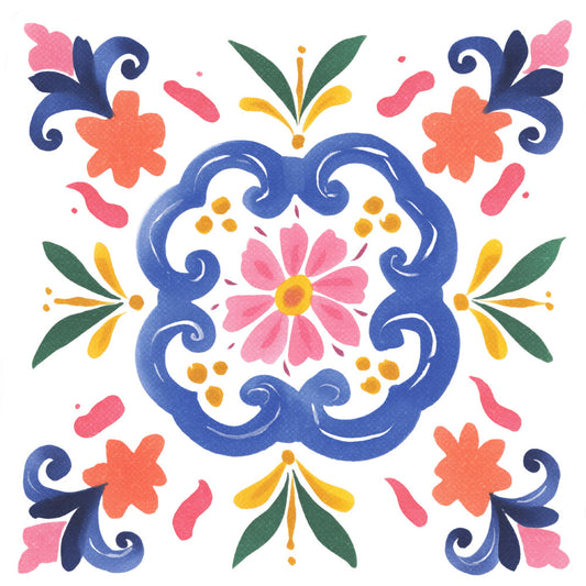 navy blue, coral pink, golden yellow, forest green, floral, symmetrical, medallion, daisy, botanical, folk art, whimsical, bohemian, traditional, decorative, ornamental, scrollwork, spring, summer, nature-inspired, vibrant, colorful, ethnic, tile-inspired, mosaic-like, damask, vintage, retro, bright, cheerful, boho chic