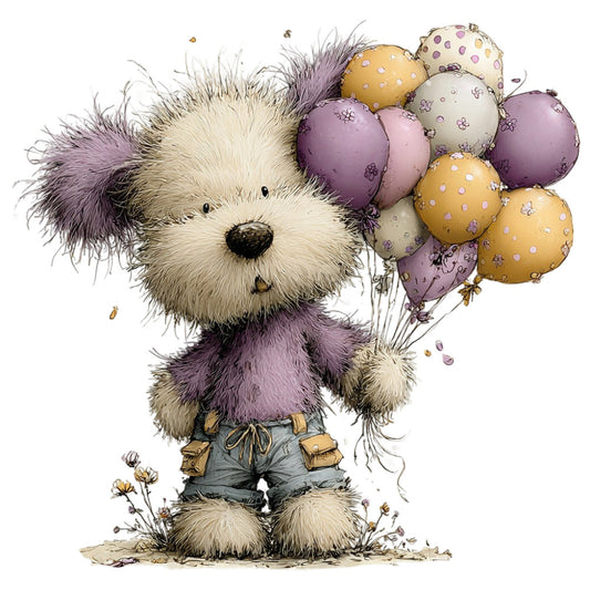 cute animal, fluffy dog, puppy, teddy bear style, whimsical, children's, kid's fabric, balloons, pastel purple, dusty purple, mauve, soft yellow, gold, cream, beige, ivory, charcoal, playful, storybook illustration, nursery, baby, adorable character, whimsical animals, vintage inspired, soft colors, gentle, sweet, magical, decorative balloons, patterned balloons