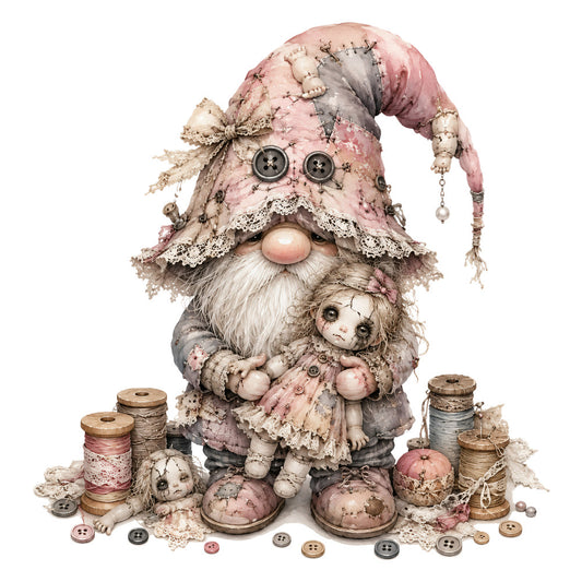 dusty rose, soft pink, cream, gray, vintage, whimsical, gnome, doll, buttons, lace, shabby chic, cottage core, fairy tale, storybook, embellished, thread spools, sewing, crafty, nostalgic, folk art, handmade aesthetic, blush pink, taupe, beige, dimensional, decorative, quirky, charming, artisan, mixed media