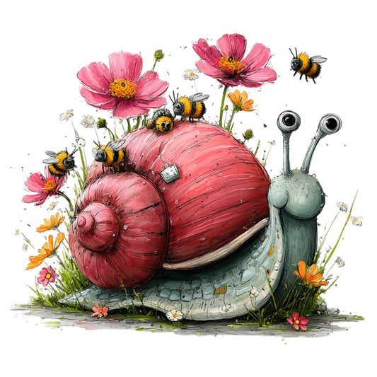 coral pink, dusty rose, red, gray, yellow, bumblebee, snail, flowers, cosmos, daisies, nature, whimsical, cute, garden, insects, spring, summer, children's, playful, fantasy, storybook, charming, illustration, artistic, animal themed, floral, bees, botanical, cottage core