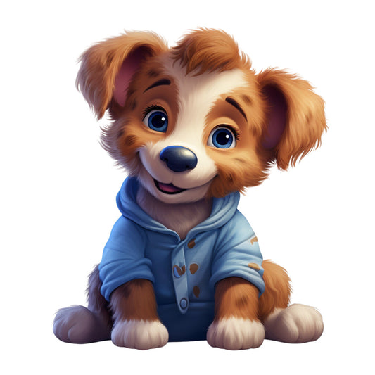 puppy, dog, blue hoodie, pajamas, brown fur, white markings, cute animal, children's fabric, cartoon style, bright blue eyes, orange brown, sleepwear, anthropomorphic, whimsical, adorable character, fabric panel, quilting cotton, nursery theme, playful design, soft colors