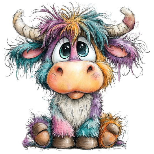 whimsical, colorful highland cattle, turquoise, purple, golden yellow, orange, pink, teal, pastel colors, watercolor style, artistic, cute animals, Highland cow, bull, livestock, farm animals, children's fabric, playful, bohemian, rainbow colors, multicolored, contemporary, decorative panel, nursery, kids fabric, animal lovers, folk art, hand-painted effect