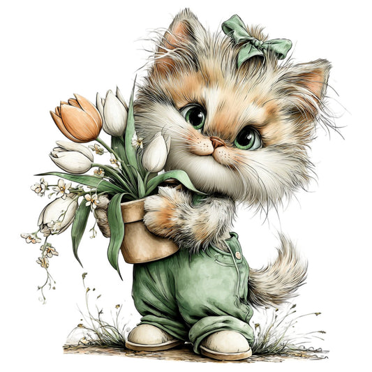 fluffy cat, adorable kitten, green bow, cream white, sage green, tan beige, orange brown, woodland animals, cute characters, whimsical style, children's design, spring flowers, tulips, small flowers, botanical elements, vintage illustration, storybook style, nursery décor, baby quilt, wall hanging, ragdoll cat, long-haired cat, animal lovers, pet themed, sweet expression, charming design, cottage core, farmhouse style, nature inspired