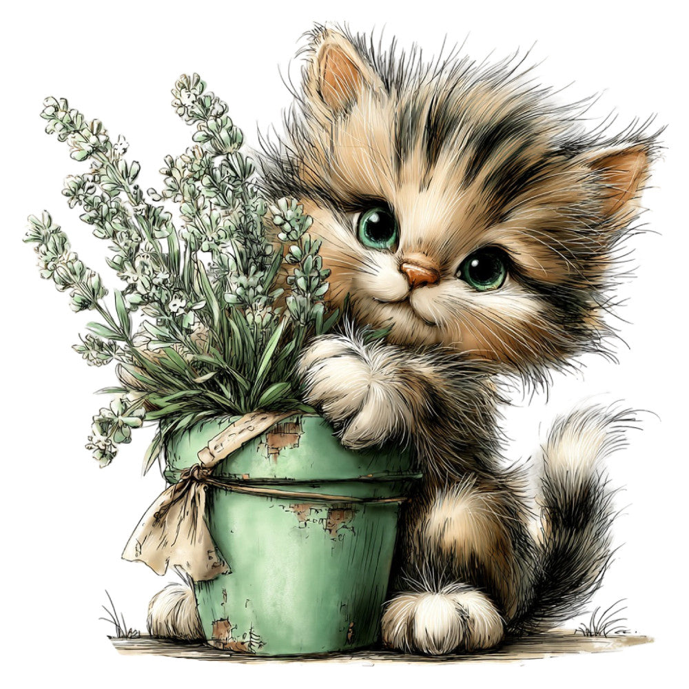 fluffy kitten, cat, green pot, white flowers, baby animals, whimsical, cute, rustic, vintage, sage green, cream white, tan brown, black accents, floral, nature themed, spring, garden, potted plant, animal lovers, children's fabric, nursery, storybook style, illustration, sweet, adorable, pastoral, charming, delicate flowers, furry friends