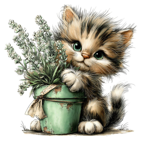 fluffy kitten, cat, green pot, white flowers, baby animals, whimsical, cute, rustic, vintage, sage green, cream white, tan brown, black accents, floral, nature themed, spring, garden, potted plant, animal lovers, children's fabric, nursery, storybook style, illustration, sweet, adorable, pastoral, charming, delicate flowers, furry friends