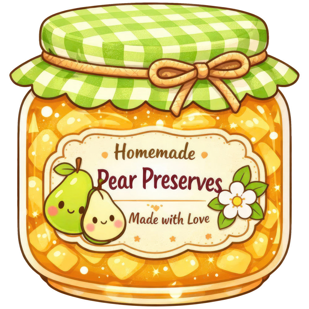 lime green, cream, golden yellow, orange, gingham check, plaid, fruit, pear, preserves, jam, homemade, cottage core, farmhouse, rustic, vintage, whimsical, cute, sweet, kitchen, country, nature, botanical, flower, bow, checkered, pantry, food, preserving, summer, autumn