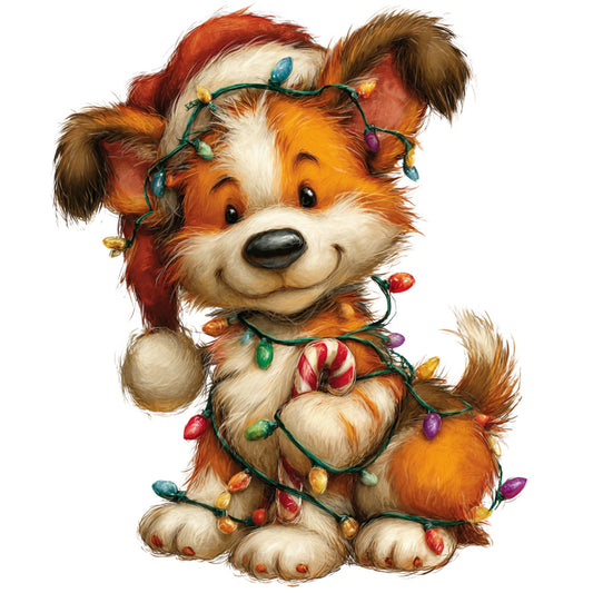 festive puppy, christmas dog, holiday lights, colorful lights, orange and white, cream white, forest green, red and gold, multicolor lights, cute dog, whimsical animals, christmas theme, holiday season, festive theme, winter holiday, santa hat, dog with lights, string lights, christmas decoration, cheerful design, family friendly, children's theme, playful style, traditional christmas, retro style, vintage holiday, warm colors, seasonal decoration, christmas animal, decorative lights