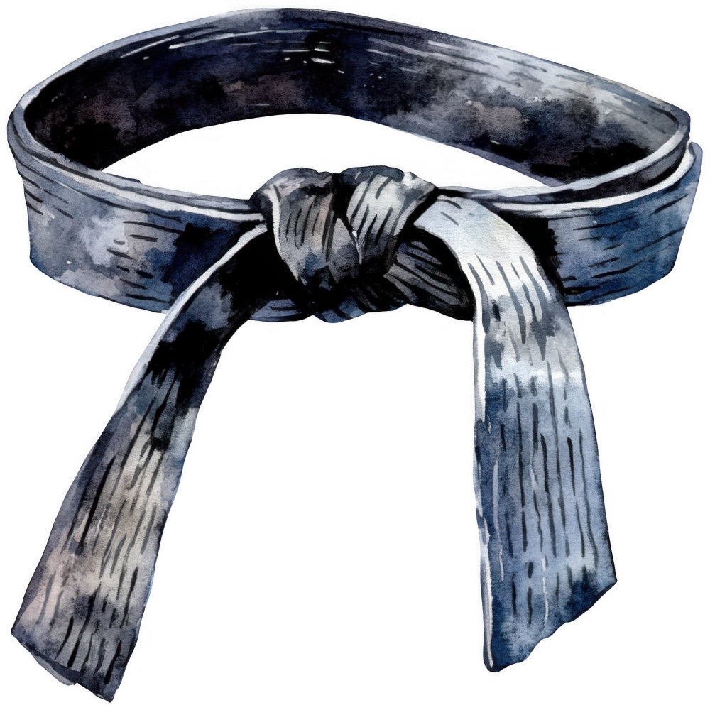 navy blue, charcoal gray, slate blue, monochromatic, martial arts, karate belt, knot, tied knot, traditional, cultural, asian-inspired, minimalist, elegant, modern, vintage, textured, hand-drawn, watercolor, sketch, line work, blue and gray, dojo, discipline, simple design, graphic, contemporary, neutral tones, artistic, illustration style