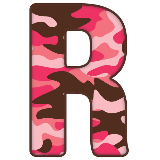 hot pink, coral pink, light pink, brown, chocolate brown, camouflage, camo pattern, abstract, organic shapes, wavy pattern, layered design, modern, contemporary, playful, bold, vibrant, whimsical, letter r, alphabet, typography, geometric abstract, nature-inspired, irregular shapes, multi-colored, mixed media style, children's design, playful aesthetic, dimensional, paper art style