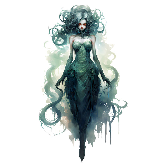 teal, sage green, forest green, gray, white, cream, ethereal, mystical, gothic, fantasy, elegant, dark fantasy, supernatural, whimsical, abstract, flowing, dramatic, woman portrait, figure art, character design, illustration, spiritual, magical, enchanted, atmospheric, moody, art deco, contemporary, decorative, statement piece