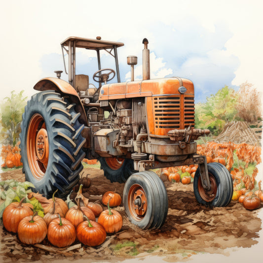 orange tractor, pumpkin patch, autumn harvest, farm scene, vintage tractor, farmhouse, rustic, countryside, agricultural, fall, pumpkins, orange, burnt orange, rust, tan, brown, sky blue, cream, toile, pastoral, seasonal, harvest time, farm equipment, americana, traditional, country living, wall hanging, home decor