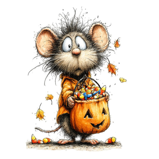 halloween, autumn, fall, mouse, rat, rodent, cute animals, whimsical, trick or treat, candy corn, pumpkin, jack-o-lantern, orange, black, cream, tan, burnt orange, woodland, playful, children's, festive, seasonal, spooky, leaves, falling leaves, candy bucket, novelty, illustration style, detailed, charming