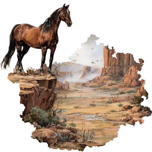 horse, western, desert, landscape, scenic, brown, tan, rust, terracotta, bronze, sage green, cream, beige, animal, nature, rustic, southwestern, wild west, cliff, mesa, monument valley, cowboy, equestrian, arid, dust storm, birds, wall hanging, home decor, large scale print, dramatic