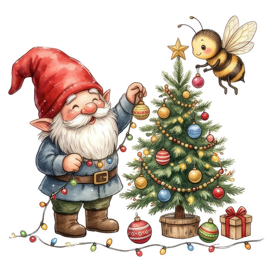 gnome, christmas, holiday, festive, whimsical, red, cream, forest green, gold, blue, traditional, vintage, fairy, bee, star, ornaments, lights, decorative balls, gift, present, winter, seasonal, magical, charming, folk art, storybook, children's, nostalgic, rustic