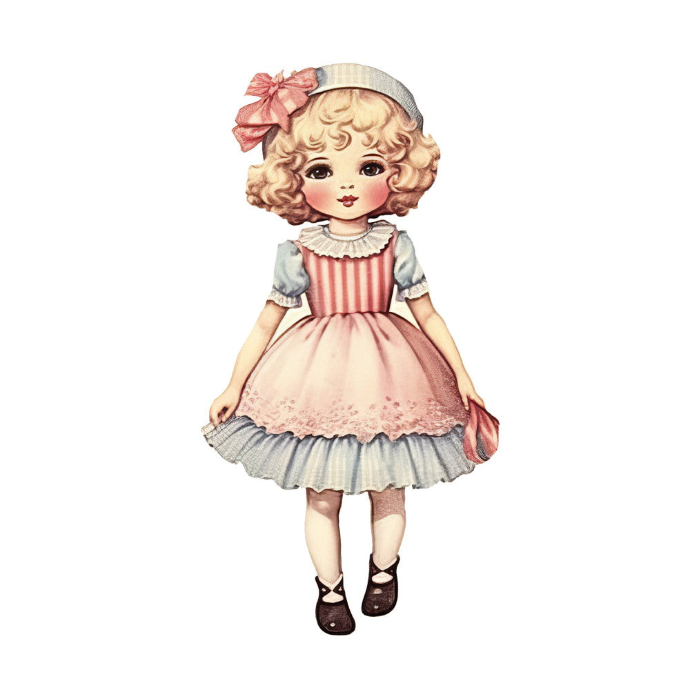 vintage doll, retro girl, coral pink, soft blue, cream, pastel colors, striped pattern, lace trim, ruffled skirt, doll face, children's theme, nostalgic, whimsical, classic doll, girl illustration, mary jane shoes, bonnet, peter pan collar, 1950s style, sweet theme, charming, traditional style, baby girl, decorative panel, storybook, innocent theme, cherub face, pretty girl, adorable