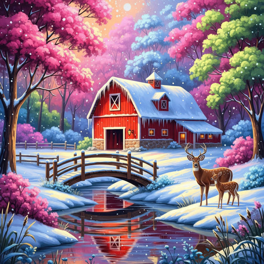 winter landscape, snowy scene, red barn, farmhouse, deer, woodland animals, bridge, stream, pink trees, magenta foliage, lime green trees, blue trees, colorful trees, fantasy landscape, whimsical, magical, winter, snow, rustic, nature, pastoral, dreamy, illustration style, children's, storybook, cabin scene, forest, enchanted forest, winter wonderland