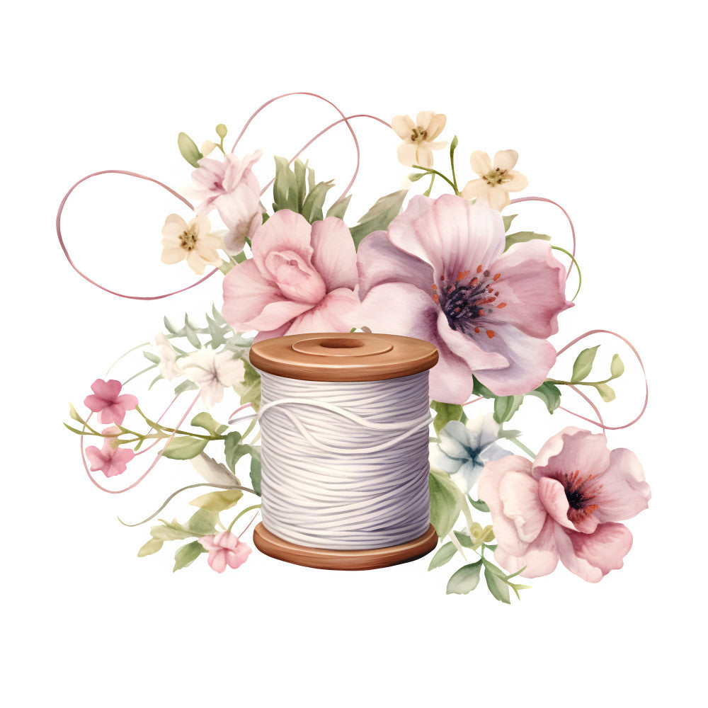 floral, pink, dusty rose, blush pink, cream, beige, mauve, green, botanical, flowers, roses, anemones, small flowers, vintage, elegant, romantic, spring, garden, nature, thread spool, craft theme, feminine, delicate, watercolor, soft colors, cottage core, traditional, decorative, embellishment accent
