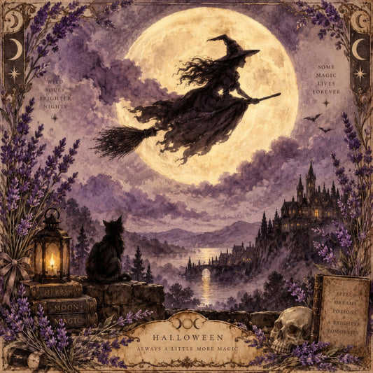 halloween, witch, moon, purple, cream, gold, lavender, celestial, magical, spooky, gothic, dark academia, vintage, elegant, whimsical, castle, broomstick, black cat, full moon, witchy, enchanted, mystical, herbs, spell books, skull, bats, lantern, nature, fantasy, dark purple