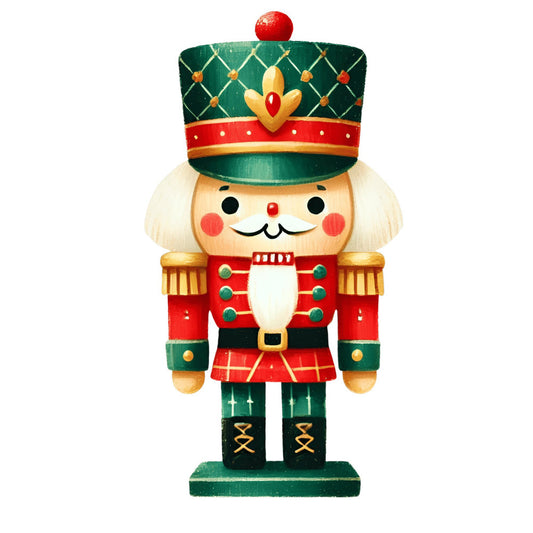nutcracker, christmas, holiday, festive, soldier, wooden toy, red, forest green, gold, cream, white, black, traditional, vintage, whimsical, elegant, decorative, nutcracker soldier, crown, uniform, epaulettes, plaid, quilted, seasonal, winter, december, novelty, classic, retro, children's