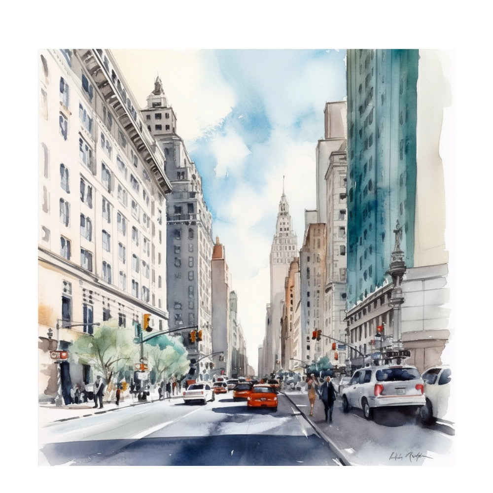 watercolor, cityscape, urban, architecture, new york, skyscraper, street scene, taxi, red taxi, yellow cab, building, modern, contemporary, blue sky, clouds, people, pedestrian, street life, travel, city life, light blue, cream, white, gray, tan, golden hour, illustration, artistic, sophisticated, elegant