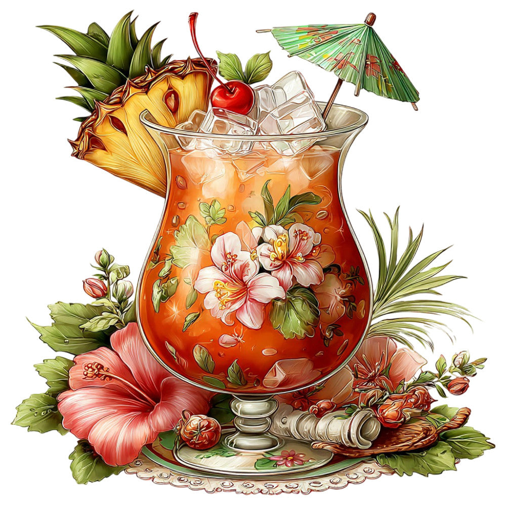 tropical cocktail, coral pink, golden yellow, forest green, cream, floral, hibiscus, pineapple, cherry, umbrella, vintage, retro, whimsical, botanical, summer, tiki, beach, paradise, tropical drinks, elegant, decorative, flowers, nature, fruit, festive, fun, colorful, botanical print, beverage, entertaining