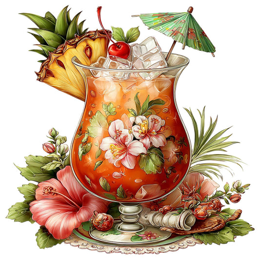 tropical cocktail, coral pink, golden yellow, forest green, cream, floral, hibiscus, pineapple, cherry, umbrella, vintage, retro, whimsical, botanical, summer, tiki, beach, paradise, tropical drinks, elegant, decorative, flowers, nature, fruit, festive, fun, colorful, botanical print, beverage, entertaining