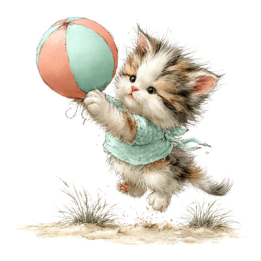 cute kitten, fluffy cat, playful cat, beach ball, mint green, coral pink, cream white, brown tabby, whimsical, children's illustration, baby animals, playful, joyful, summer, beach theme, sand, grass, jumping cat, happy cat, charming, sweet, adorable, illustration style, storybook, nursery, baby quilt, wall hanging, kids fabric, animal motifs