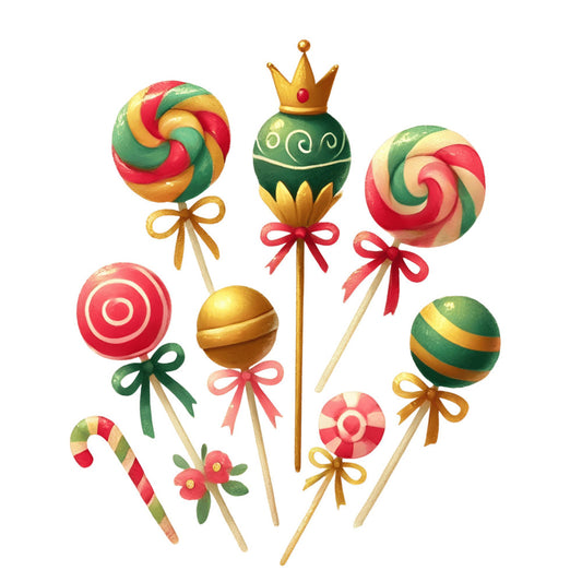 candy, lollipop, sweets, festive, whimsical, holiday, christmas, red, green, gold, yellow, candy cane, striped, decorative, playful, vintage, children, fun, colorful, bow, ribbon, ball ornament, crown, peppermint, novelty, winter, festive decor, cheerful, magical, storybook