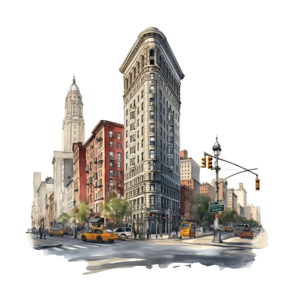 new york city, urban landscape, cityscape, architecture, flatiron building, skyscrapers, yellow taxi, street scene, manhattan, geometric, modern, contemporary, cream, beige, tan, golden yellow, burnt orange, rust red, charcoal gray, blue-gray, vintage urban, retro city, travel themed, nostalgic, elegant, sophisticated, building motifs, taxi cabs, street lamps, traffic lights