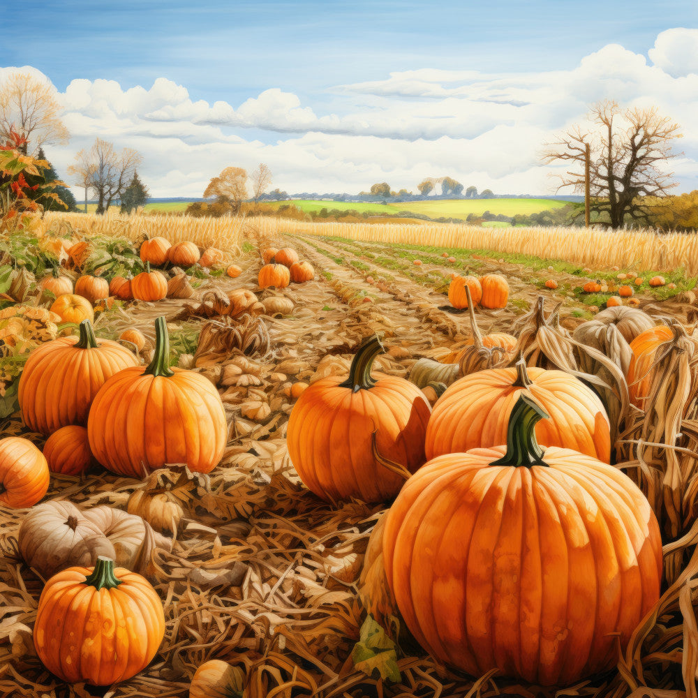 pumpkin patch, autumn harvest, fall, orange pumpkins, cream, sky blue, tan, golden brown, rustic, farmhouse, countryside landscape, pastoral, harvest theme, seasonal, thanksgiving, halloween, decorative panel, wall hanging, large scale print, scenic landscape, cornfield, agricultural, nature scene, traditional, warm tones, burnt orange, forest green, cloud pattern