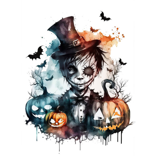 halloween, skull, skeleton, jack-o-lantern, pumpkin, pumpkins, bat, bats, top hat, spooky, gothic, dark, autumn, fall, orange, teal, navy blue, black, watercolor, abstract, whimsical, creepy, festive, holiday, wall hanging, home decor, costume, dress up, scary, haunted