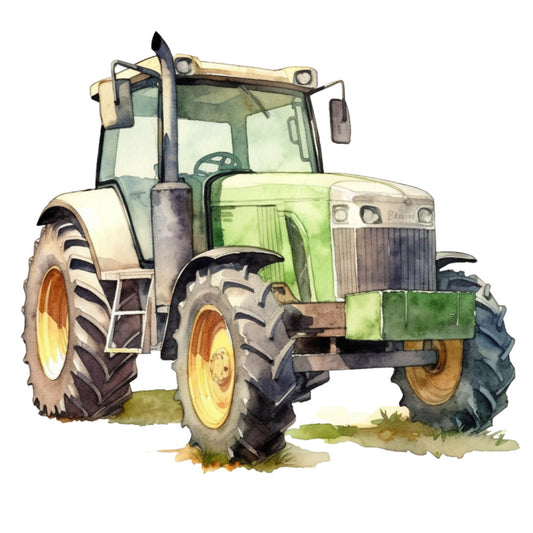 watercolor painting, green tractor, farm equipment, agricultural vehicle, soft pastels, muted greens, yellow wheel rims, brown earth tones, glass cabin, exhaust pipe, large tires, countryside scene, rural farming, gentle brushstrokes, fabric panel, quilting cotton, pastoral theme, machinery illustration, outdoor setting, realistic artwork