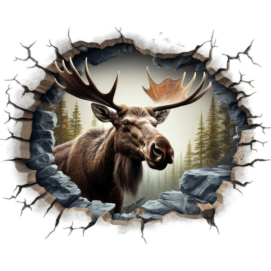 moose, antlers, breaking through, cracked wall, trompe l'oeil, brown, tan, forest green, evergreen trees, rocks, stones, wildlife, nature scene, realistic art, fabric panel, quilting cotton, outdoors, wilderness, majestic animal, three dimensional effect, detailed illustration