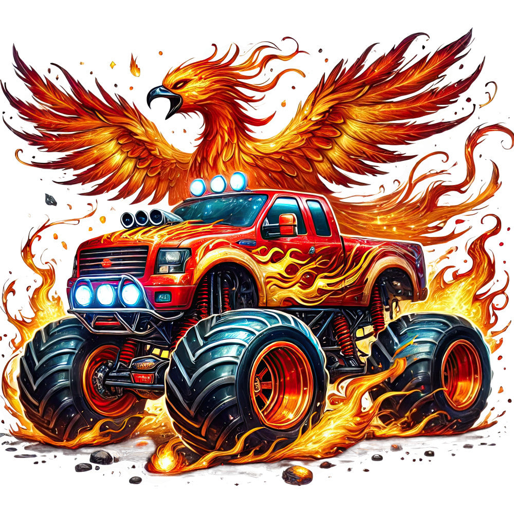 flame red, bright orange, golden yellow, deep burgundy, fire orange, hot rod red, monster truck, phoenix, fiery wings, flames, fire, burning, action, automotive, vehicles, muscle truck, lifted truck, dramatic, bold, vibrant, high energy, fantasy, whimsical, adventure, boys, men, glow effects, metallic accents, dynamic motion