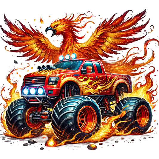 flame red, bright orange, golden yellow, deep burgundy, fire orange, hot rod red, monster truck, phoenix, fiery wings, flames, fire, burning, action, automotive, vehicles, muscle truck, lifted truck, dramatic, bold, vibrant, high energy, fantasy, whimsical, adventure, boys, men, glow effects, metallic accents, dynamic motion