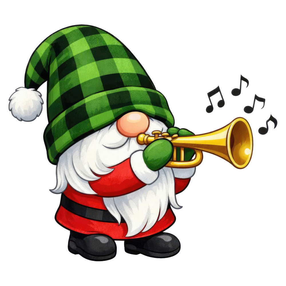 lime green, forest green, black, red, white, cream, gold, plaid, checkered, gnome, santa, christmas, holiday, festive, whimsical, playful, trumpet, musical notes, winter, traditional, cheerful, retro, vintage style, folk art, seasonal, decorative panel, wall hanging, novelty print, charming, cheerful christmas