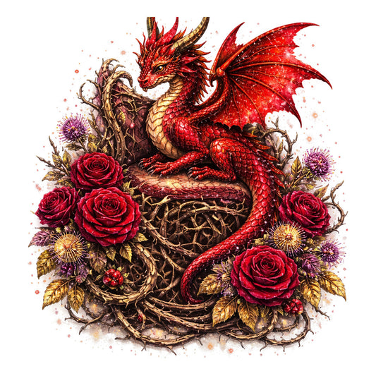 crimson red, golden yellow, deep purple, dragon, fantasy, mythical creatures, roses, thorny vines, floral, botanical, elegant, whimsical, dark romantic, gothic, celestial, magical, thistles, deep red roses, ornate, decorative, burgundy, amber gold, enchanted, dark fantasy, nature-inspired, intricate detail, dimensional, artistic, jewel tones