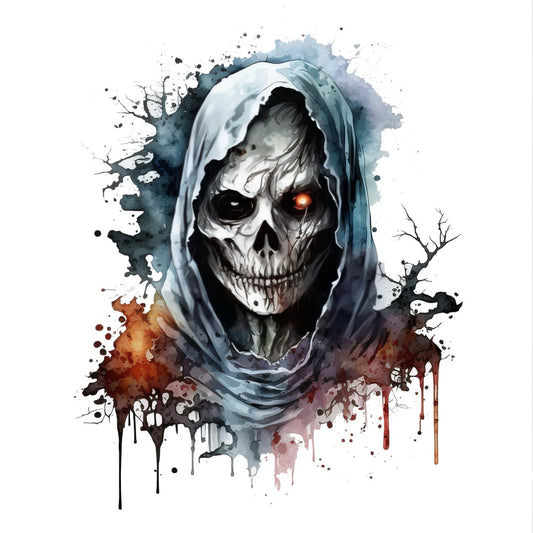 goth skull, dark academia, horror, skeleton, reaper, watercolor, abstract splatter, black, deep blue, charcoal gray, burnt orange, rust red, crimson, glowing eyes, gothic, edgy, alternative, dark fantasy, spooky, halloween, supernatural, mystical, dramatic, artistic, dark aesthetic, moody, contemporary, wall art, statement piece