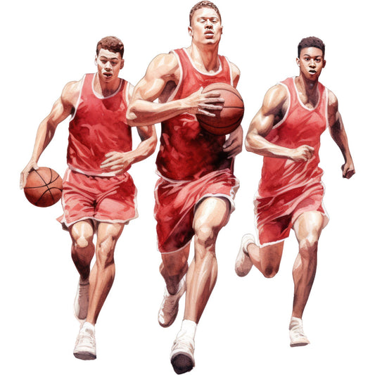 basketball, sports, athletic, red, coral red, rust red, cream, white, team sports, action, dynamic, sporty, masculine, boys, men, exercise, fitness, active wear, competitive, game, court, players, running, jumping, movement, contemporary, realistic, illustration, youth, modern athletic