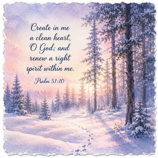 winter forest, snowy landscape, inspirational quote, religious scripture, psalm 51:10, lavender, soft purple, dusty blue, pale pink, cream, winter trees, evergreen, coniferous forest, snow-covered, spiritual, faith-based, peaceful, serene, nature scene, woodland, winter solstice, christmas, seasonal, wall hanging, spiritual decor, elegant, traditional, rustic, meditation, renewal