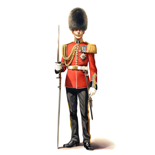 red, gold, black, cream, british guard, royal guard, soldier, military uniform, ceremonial dress, historical, vintage, patriotic, british, formal, elegant, traditional, bearskin hat, ornate, decorative, men's fashion, regalia, medals, epaulettes, classic, stately, institutional, imperial, badge of honor