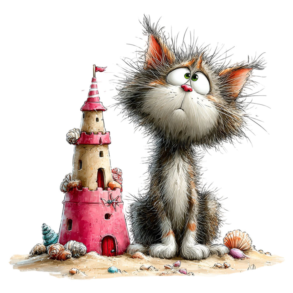 whimsical cat, fluffy kitten, sandy beach, pink castle, seaside theme, nautical, shells, starfish, orange tabby, striped cat, green eyes, cartoon animal, children's illustration, playful design, pastel pink, cream white, coral orange, sand beige, whimsical style, fantasy castle, seaside adventure, cute character, furry texture, beach scene, playful expression, shell motifs, animal theme, illustration art, storybook style, coastal theme