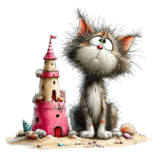 whimsical cat, fluffy kitten, sandy beach, pink castle, seaside theme, nautical, shells, starfish, orange tabby, striped cat, green eyes, cartoon animal, children's illustration, playful design, pastel pink, cream white, coral orange, sand beige, whimsical style, fantasy castle, seaside adventure, cute character, furry texture, beach scene, playful expression, shell motifs, animal theme, illustration art, storybook style, coastal theme