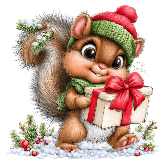 adorable squirrel, red hat, green scarf, christmas, holiday, winter, snow, festive, cute animals, woodland, forest animals, gift box, red ribbon, berry red, forest green, cream, brown, whimsical, charming, children's, nursery, baby, decorative panel, wall hanging, seasonal, cozy, nature-inspired, animal illustration, playful, cheerful