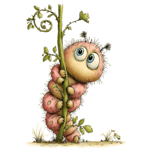 whimsical, cute creature, nature, spring, children's, illustrated, caterpillar, vine, leafy green, sage green, cream, beige, tan, coral pink, dusty rose, storybook, garden, playful, children's panel, baby quilt, nursery, fantasy, woodland, character, botanical, quirky, charming, soft colors, detailed illustration