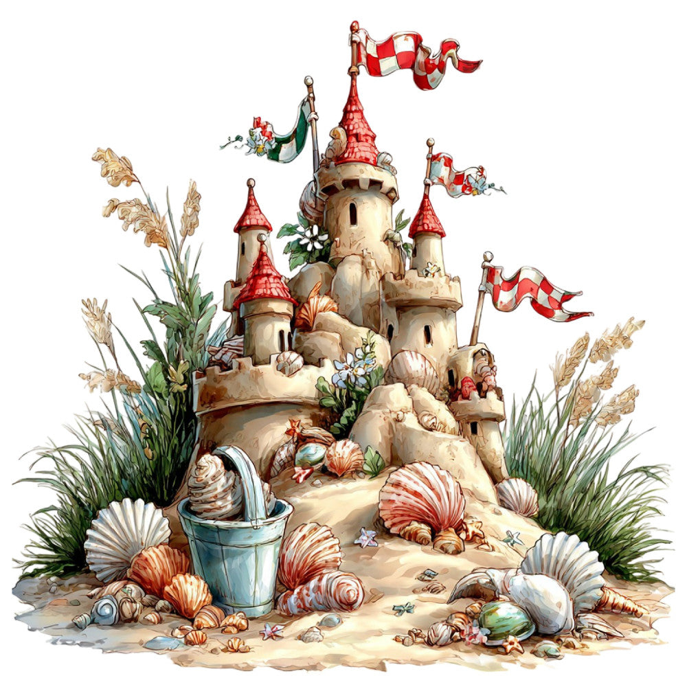 sandcastle, beach themed, nautical, whimsical, children's, fairytale, castle, red and cream, coral, tan, beige, sand, seashells, starfish, bucket, dunes, coastal, summer, storybook, fantasy, princess, magical, seaside, decorative panel, wall hanging, kids quilt, seaside adventure, ocean, shells and sand, playful