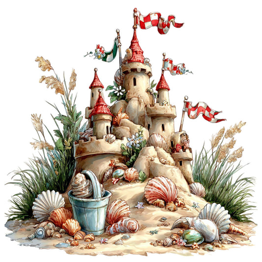 sandcastle, beach themed, nautical, whimsical, children's, fairytale, castle, red and cream, coral, tan, beige, sand, seashells, starfish, bucket, dunes, coastal, summer, storybook, fantasy, princess, magical, seaside, decorative panel, wall hanging, kids quilt, seaside adventure, ocean, shells and sand, playful