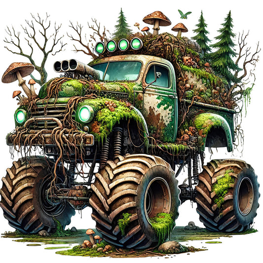 forest green, moss green, earthy brown, tan, cream, steampunk, whimsical, nature, fantasy, vintage truck, overgrown, post-apocalyptic, rustic, industrial, botanical, mushrooms, trees, woodland, moss, vines, glowing lights, nature reclaimed, abandoned vehicle, bare branches, evergreen trees, enchanted, magical, dark fantasy, nature theme, organic