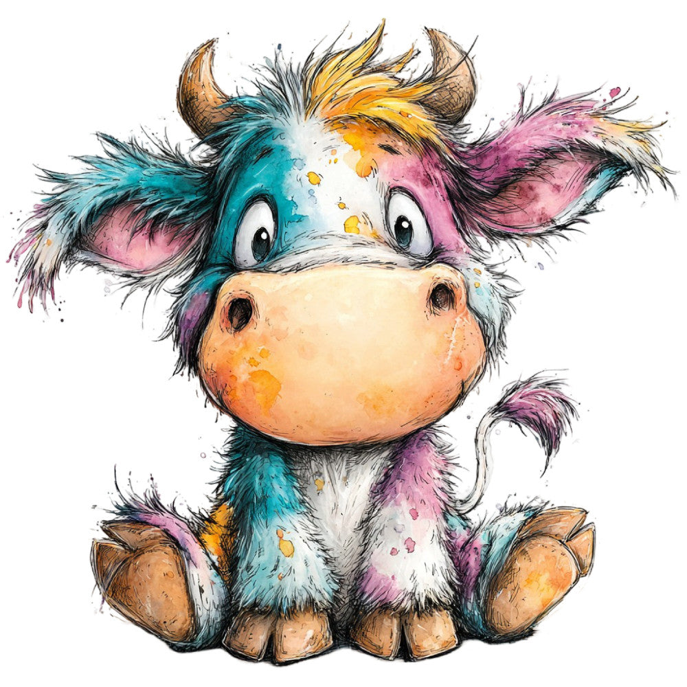 colorful cow, whimsical animals, bright colors, turquoise, pink, yellow, orange, teal, purple, pastel, watercolor style, painted cow, cute cow, farmhouse animals, children's fabric, baby animals, playful style, modern whimsical, splatter paint effect, multicolor, artistic, cow face, farm theme, kids design, cheerful, vibrant colors, animal illustration, decorative cow, nursery theme